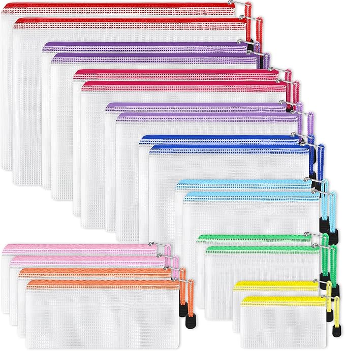 EOOUT 20pcs Mesh Zipper Pouch, Waterproof Zipper Bags, 8 Sizes Plastic Travel Pouch, 10 Colors, Multipurpose for Board Game, Travel Storage, School Supplies, Office Appliances, Home Organize