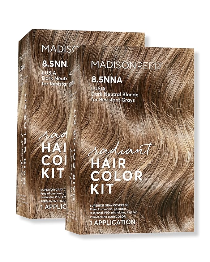 Madison Reed Radiant Hair Color Kit | 8.5NNA Dark Neutral Blonde (Lusia Blonde) 100% Maximum Gray Hair Coverage | Permanent Hair Dye for Resistant Grays | PPD-Free & Ammonia-Free | 2 Pack