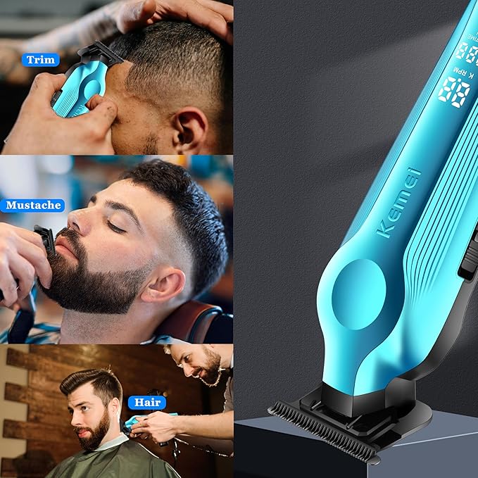 KEMEI Hair Trimmer for Men, Zero Gapped Cordless Hair Clippers Beard Trimmers with T Blade, Rechargeable Barber Clippers with LED Display, Blue