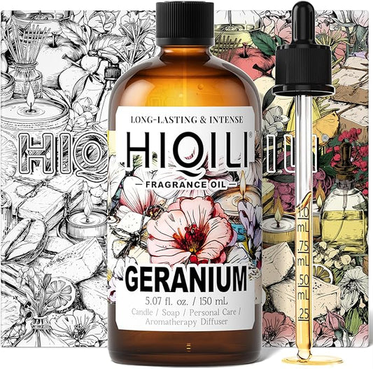 HIQILI Geranium Fragrance Oil for Home Diffuser, Relaxation, Essential Oil for Candle & Soap Making, Long-Lasting Scents, Car Freshies - 5.07 Fl Oz
