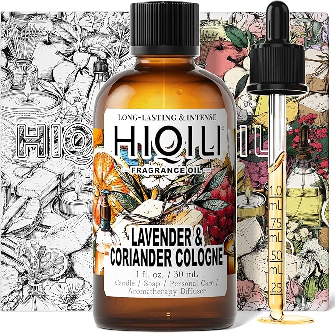 HIQILI Lavender & Coriander Cologne Fragrance Oil for Diffuser, Candle & Soap & Perfume Making, for Hotel and Home, Essential Oil, Long-Lasting Aroma - 1fl oz