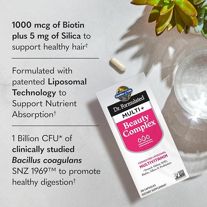 Garden of Life Dr Formulated Multi+ Beauty Complex Fermented Liposomal Multivitamin Plus Hair Skin and Nails Vitamins, French Melon SOD, Biotin & Probiotics, 30 Capsules, Supplement for Women & Men