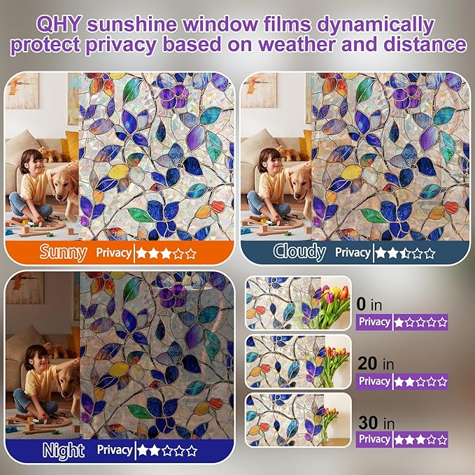 Stained Glass Window Privacy FilmDecorative Rainbow Static Clings -ldeal for Home &Office,Adhesive-Free,Removable, Uv-Blocking (Purple Rainbow, 45.2 X 78.7 in)