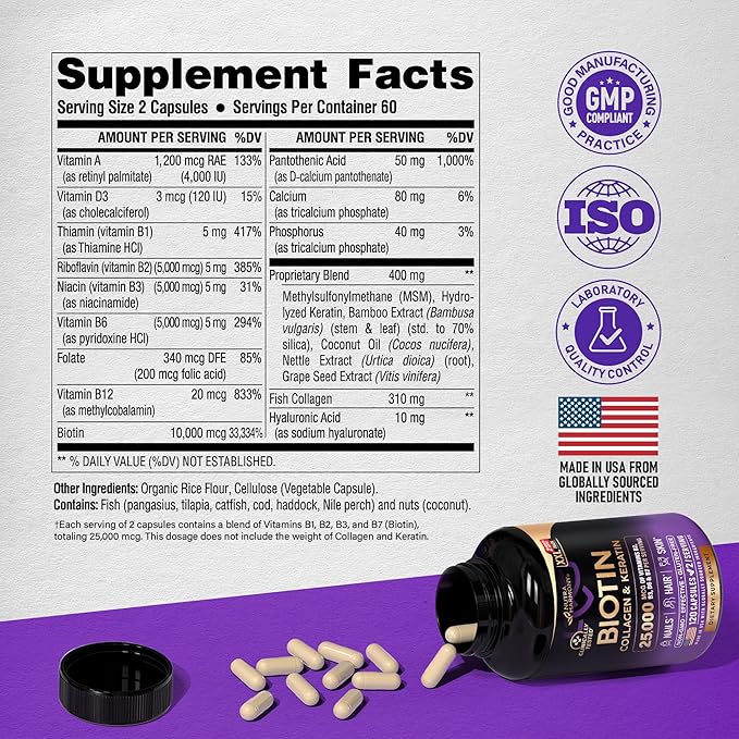 Biotin | Collagen | Hyaluronic Acid | Keratin - Clinically Tested Supplement - Hair Growth Support, Skin & Nails - 25000 mcg Vitamins B2, B3, B6 & B7 + B1 - Made in USA - Women & Men | 120 Capsules