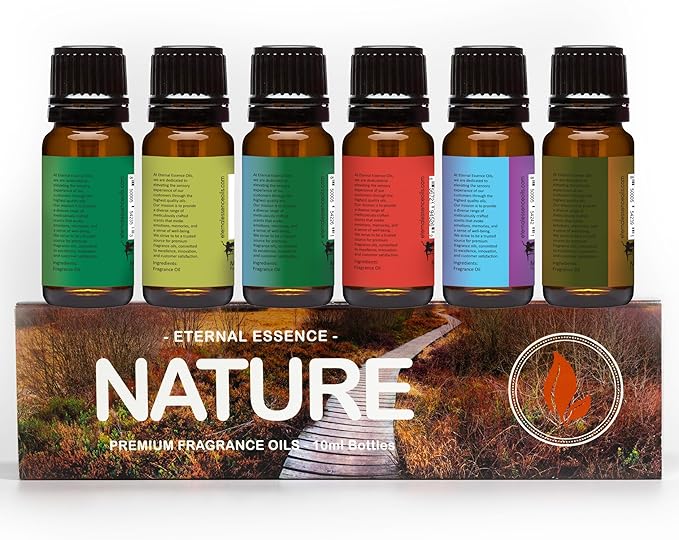Eternal Essence Oils Nature Set of 6 Premium Fragrance Oils - Sweet Grass, Aspen Grass, Fire Amber, Sweet Rain, Bamboo & Teak and Amberwood - For Diffusers, Candle & Soap Making, & Aromatherapy - 10ML