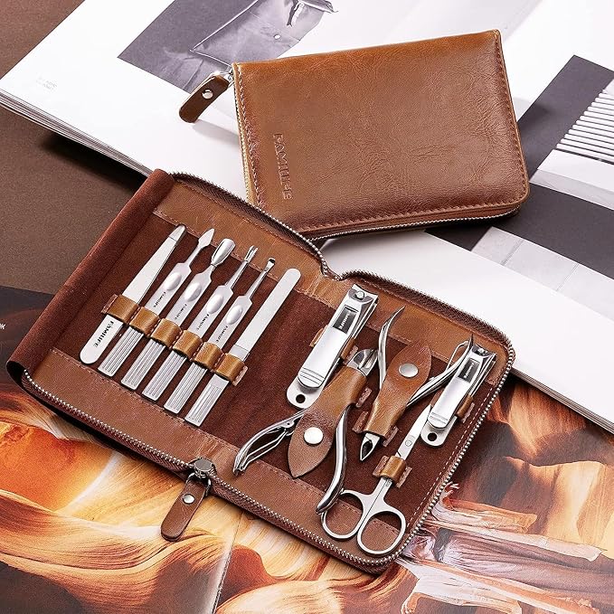 FAMILIFE Manicure Set, Professional Manicure Kit Nail Clippers Set 11 in 1 Stainless Steel Pedicure Tools Nail Kit Men Grooming Tool with Portable Brown Leather Travel Case Luxury Gifts for Him