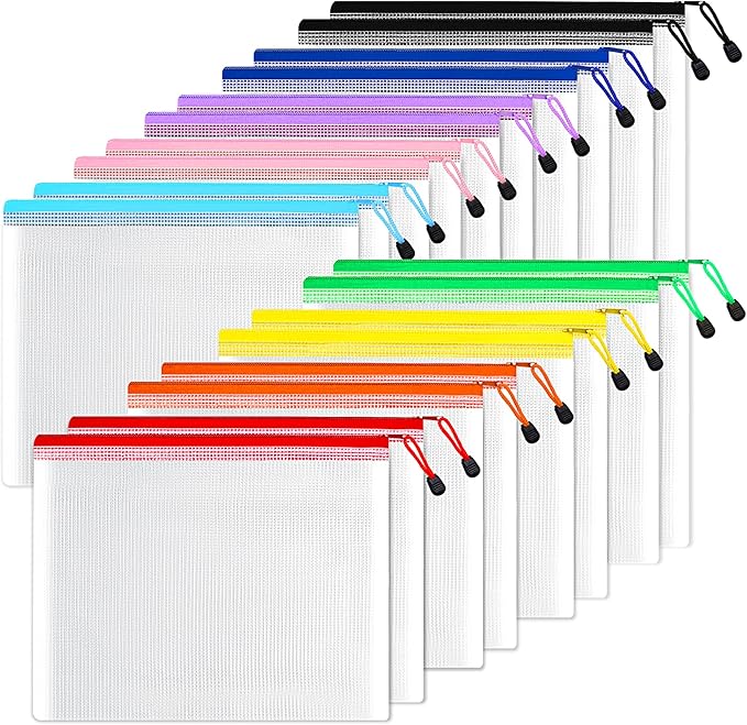 SUNEE Plastic Mesh Zipper Pouch 9.2x12.5 in (6 Colors, 18 Packs),Extra Large Water-Resistant Zip Bag for School Office Supplies, Puzzles & Games Organizing Storage
