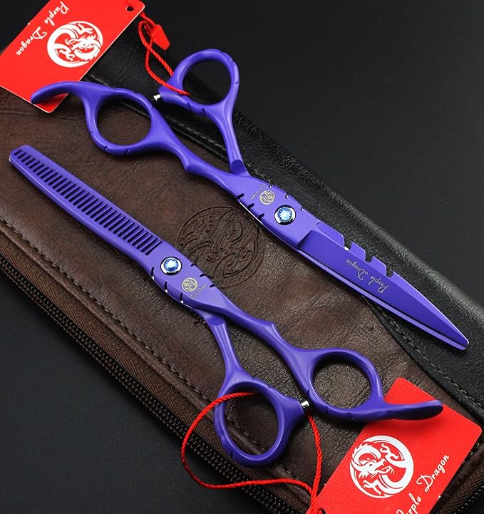 Purple Dragon Professional Japan 440C Hair Salon Cutting Shear and Barber Thinning Scissor Hairdressing Shear Set with Bag