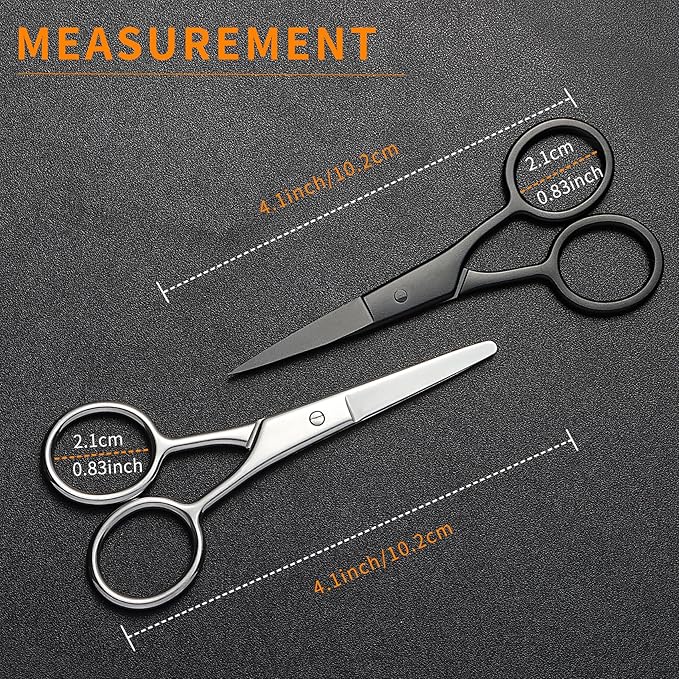 2PCS Small Grooming Scissors for Men and Women, Facial Hair Trimming Scissors with Straight & Rounded Safety Tips for Eyebrows, Nose Hair, Beard, Mustache, Eyelashes, and Ear Hair - Silver & Black