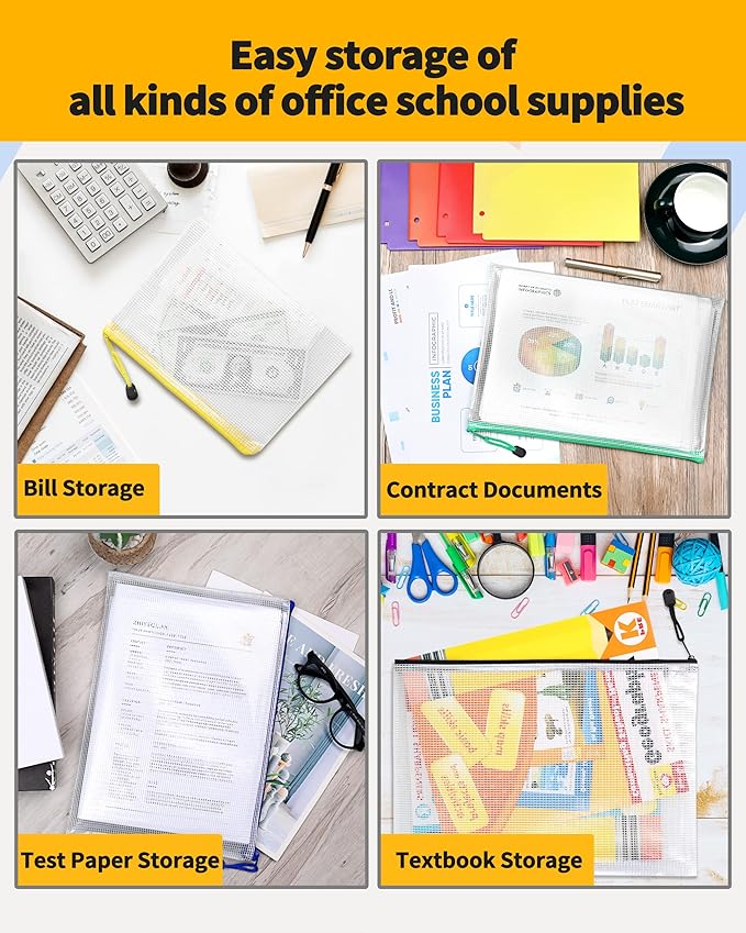 SUNEE Plastic Mesh Zipper Pouch 10x14 in (6 Colors, 24 Packs),Extra Large Water-Resistant Zip Bag for School Office Supplies, Puzzles & Games Organizing Storage