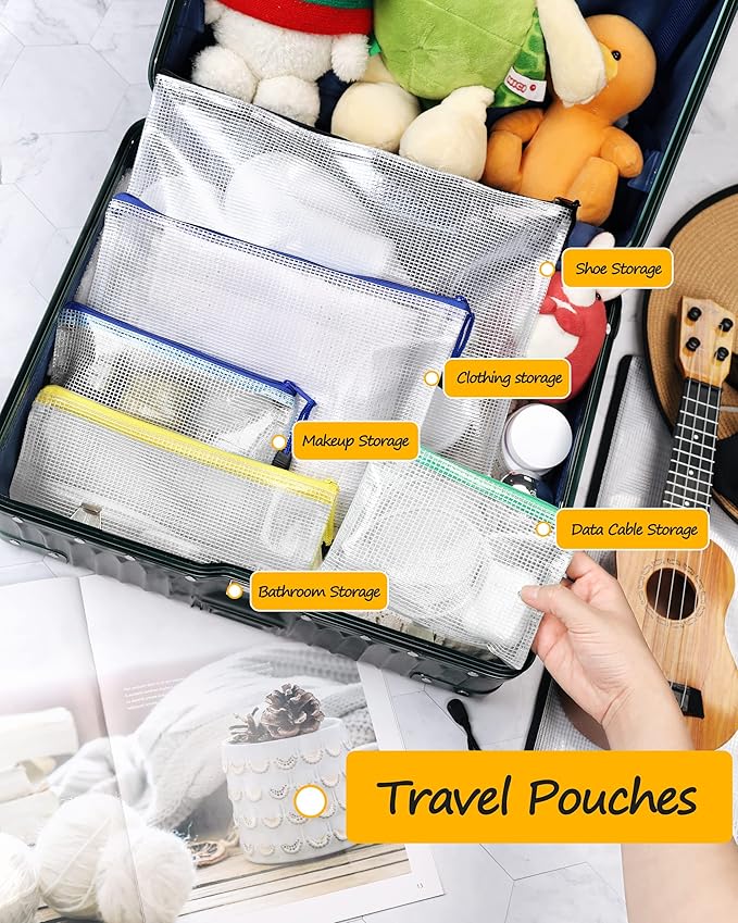 SUNEE Plastic Mesh Zipper Pouch 4.6x9.2 in (9 Colors, 18 Packs), Plastic Pencil Pouches, Multipurpose Travel Bags, for Office Supplies Bills Cosmetics Travel Accessories& Games Organizing Storage