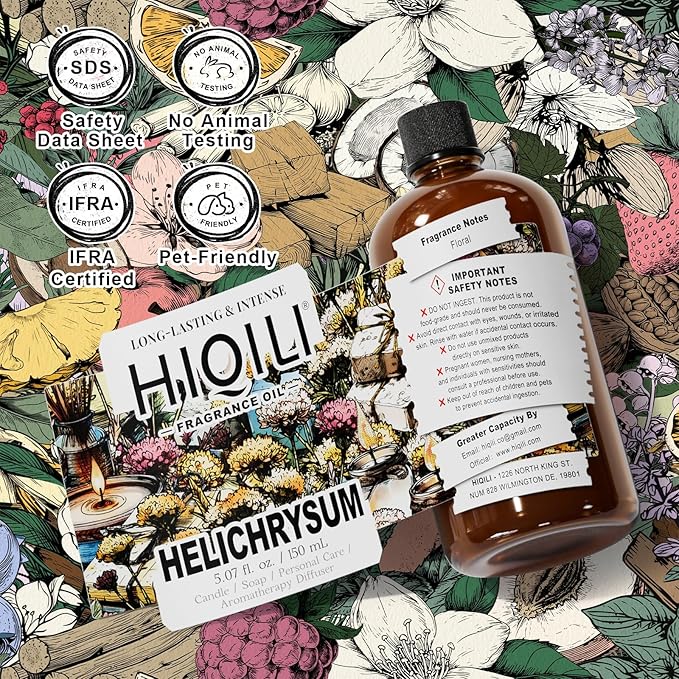 HIQILI Helichrysum Fragrance Oil for Home Diffuser, Floral Scents for Candle, Soap and Perfume Making, Blend to Body Lotion & Moisturizer - 5.07 Fl Oz