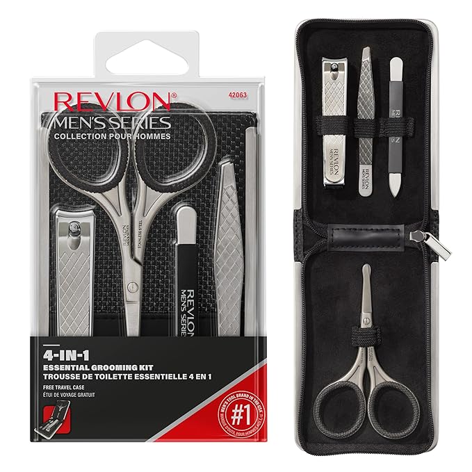 Revlon Men's Grooming Kit, 5-Piece Travel Essentials Set, Includes Clippers, Scissors, File, Tweezers and Carrying Case, Stocking Stuffer for Him, 1 count