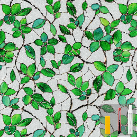 Window Privacy Film Stained Glass Window Film Frosted Window Film Window clings Non-Adhesive Reusable Decorative for Home Removable (Green Frosted, 23.6 X 78.7 in)