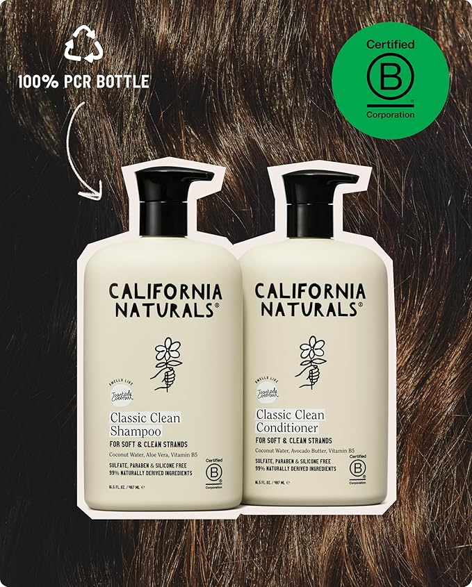 California Naturals Coconut Shampoo & Conditioner, Natural, Vegan, Cruelty, Silicone, Paraben, and Sulfate Free Shampoo, All Hair Types, 20 Fl Oz (Pack of 2), Classic Clean Coconut