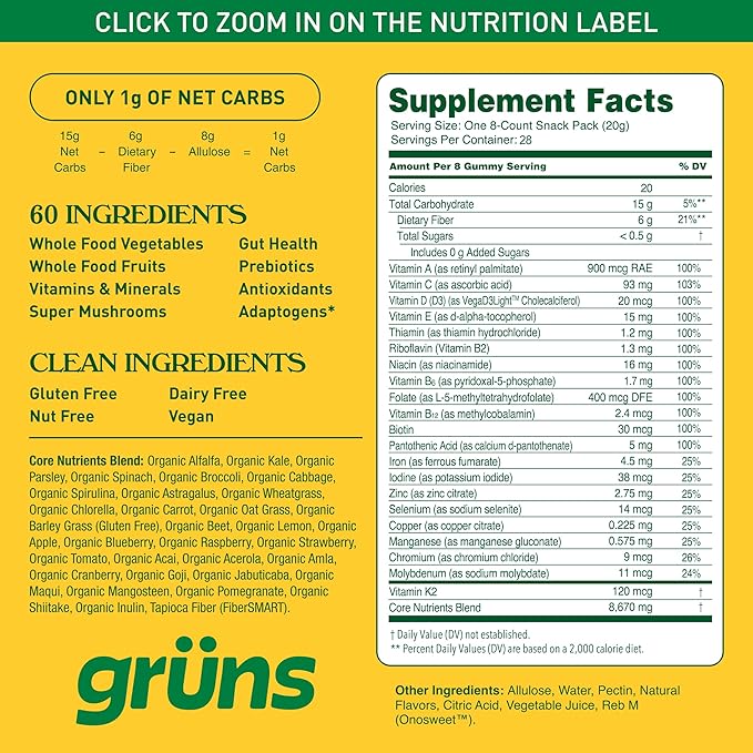 Gruns Adult Sugar-Free Super Greens Gummies, Superfood Vitamin Gummy Bears with Spirulina, Chlorella, Fiber & Prebiotics for Digestive Health, Adaptogens Supplement, 20 Vitamins & Minerals, 28 packets