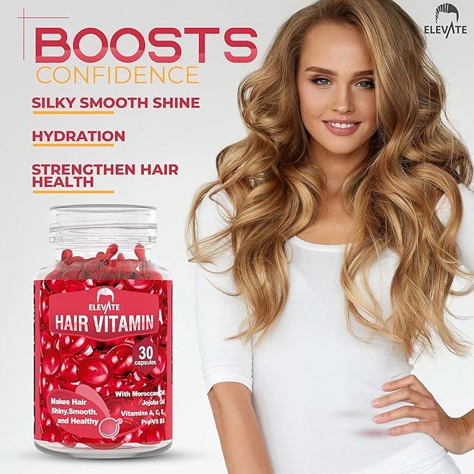 Elevate Hair Treatment Serum Oil Capsules - Conditioning Repair & Moisturizing Formula with Argan Jojoba Oils Vitamins A C E Pro Vitamin B5 Healthier Smooth Silky Thicker for Softness (2 Bottles)
