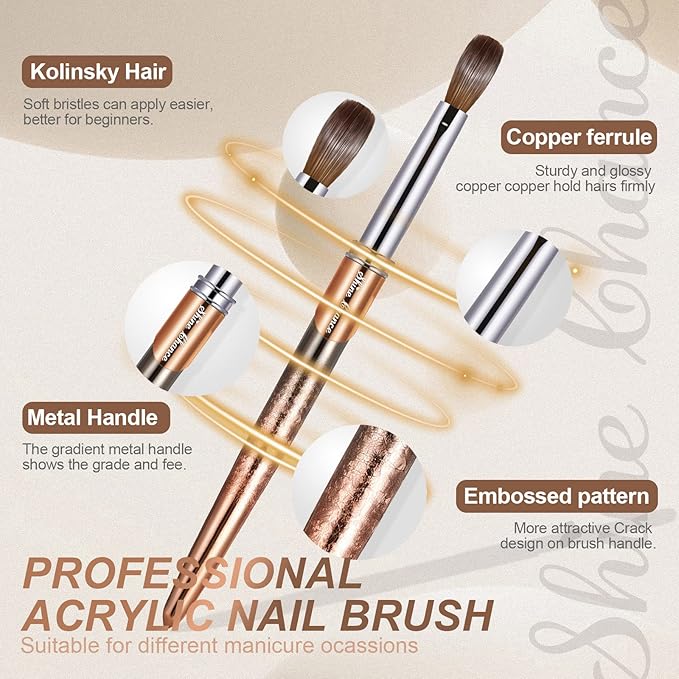 Acrylic Nail Brush Size 2, 100% Real Kolinsky Art Nail Brush for Acrylic Powder Application, Handmade Women Manicure Nail Extension Tool for Professional DIY Home Salon and Beginners