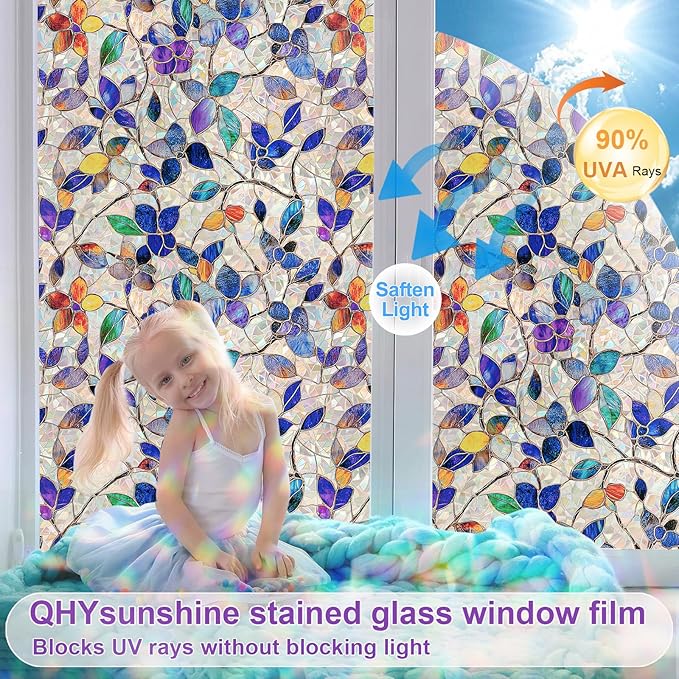 Stained Glass Window Privacy FilmDecorative Rainbow Static Clings -ldeal for Home &Office,Adhesive-Free,Removable, Uv-Blocking (Purple Rainbow, 35.4 X 157.4 in)