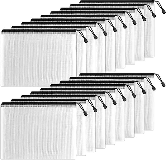 SUNEE Plastic Mesh Zipper Pouch 7.8x10.8 in (Black, 18 Packs),Extra Large Water-Resistant Zip Bag for School Office Supplies, Puzzles & Games Organizing Storage