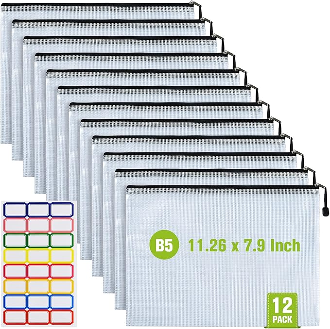 12 Pcs Plastic Mesh Zip File Bags, Waterproof Tear-Resistant Document File Folders, B5 Size Zipper Documents Pouch Document Organizer Bags for School Office Home Travel Storage(11.26×7.9 Inch)