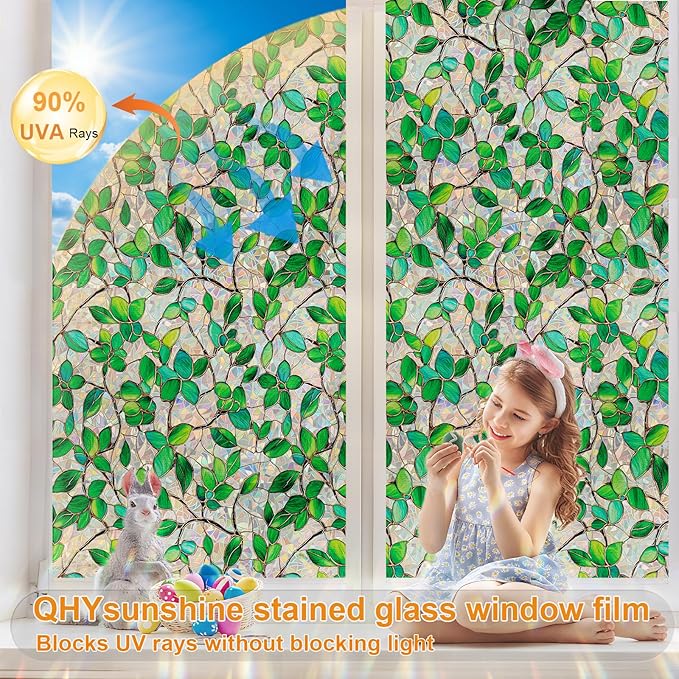 Stained Glass Window Privacy Film Decorative Rainbow Static Clings – Ideal for Home & Office, Adhesive-Free, Removable, UV-Blocking (Green Rainbow, 35.4 X 78.7 in)