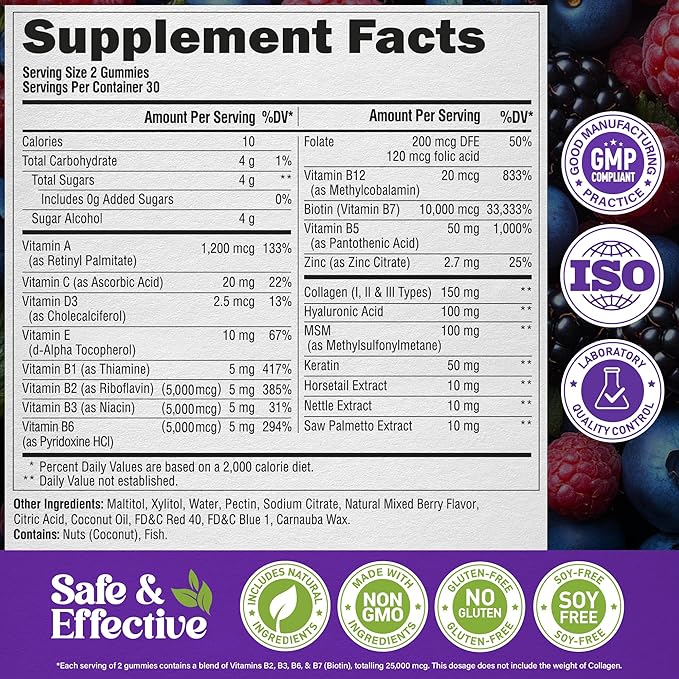 Biotin Gummies with Collagen - Hair Growth Support Skin, & Nail Strength - for Women & Men - Biotin 10000mcg | Keratin | Hyaluronic Acid | B-Complex | Saw Palmetto - Sugar-Free, Mixed Berry - 60 Gummy
