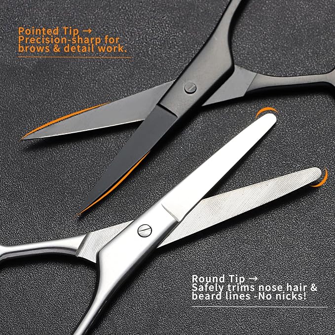 2PCS Small Grooming Scissors for Men and Women, Facial Hair Trimming Scissors with Straight & Rounded Safety Tips for Eyebrows, Nose Hair, Beard, Mustache, Eyelashes, and Ear Hair - Silver & Black