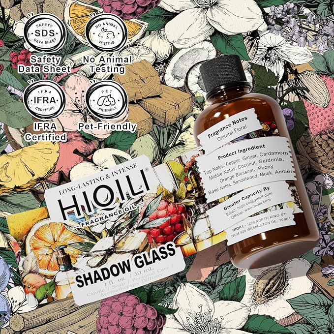 HIQILI Shadow Glass Fragrance Oil for DIY Soap & Candle, Floral Scent with Gardenia, Coconut & Sandalwood, Essential Oil for Diffusers - 1 Fl Oz