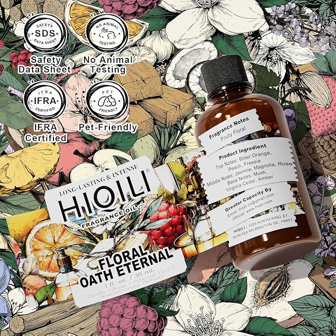HIQILI Floral Oath Eternal Fragrance Oil, Jasmine & Peach Scents, Perfect for Soap & Candle Making, Essential Oil Diffusers, Skin and Body Scenting - 1 Fl Oz