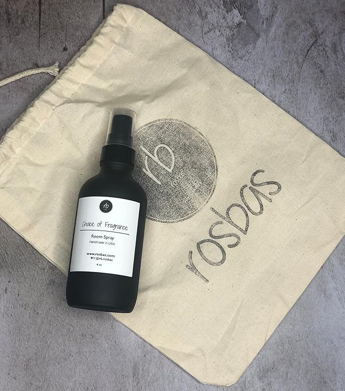 Rosbas Room Spray, Vanilla Scented, Matte Black Glass Bottle, 4 oz, Drawstring Cotton Bag, Long Lasting Scented Air Freshener, Non-Aerosol, Handmade in the USA