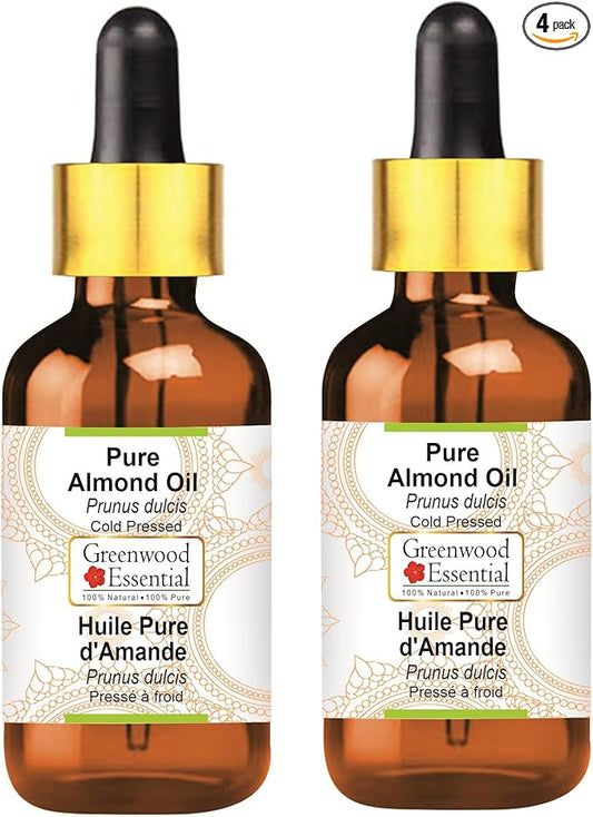 Greenwood Essential Pure Almond Oil (Prunus dulcis) with Glass Dropper Cold Pressed (Pack of Two) 100ml X 2 (6.76 oz)
