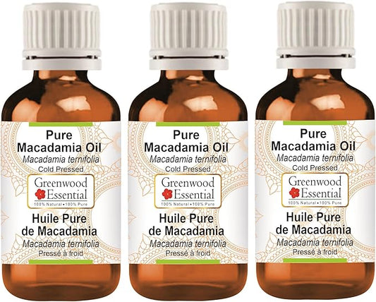 Greenwood Essential Pure Macadamia Oil (Macadamia ternifolia) Cold Pressed (Pack of Three) 100ml X 3 (10 oz)