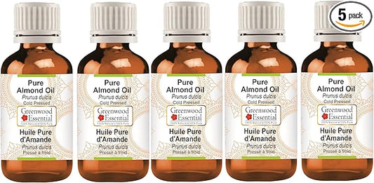 Greenwood Essential Pure Almond Oil (Prunus dulcis) Cold Pressed (Pack of Five) 100ml X 5 (16.9 oz)